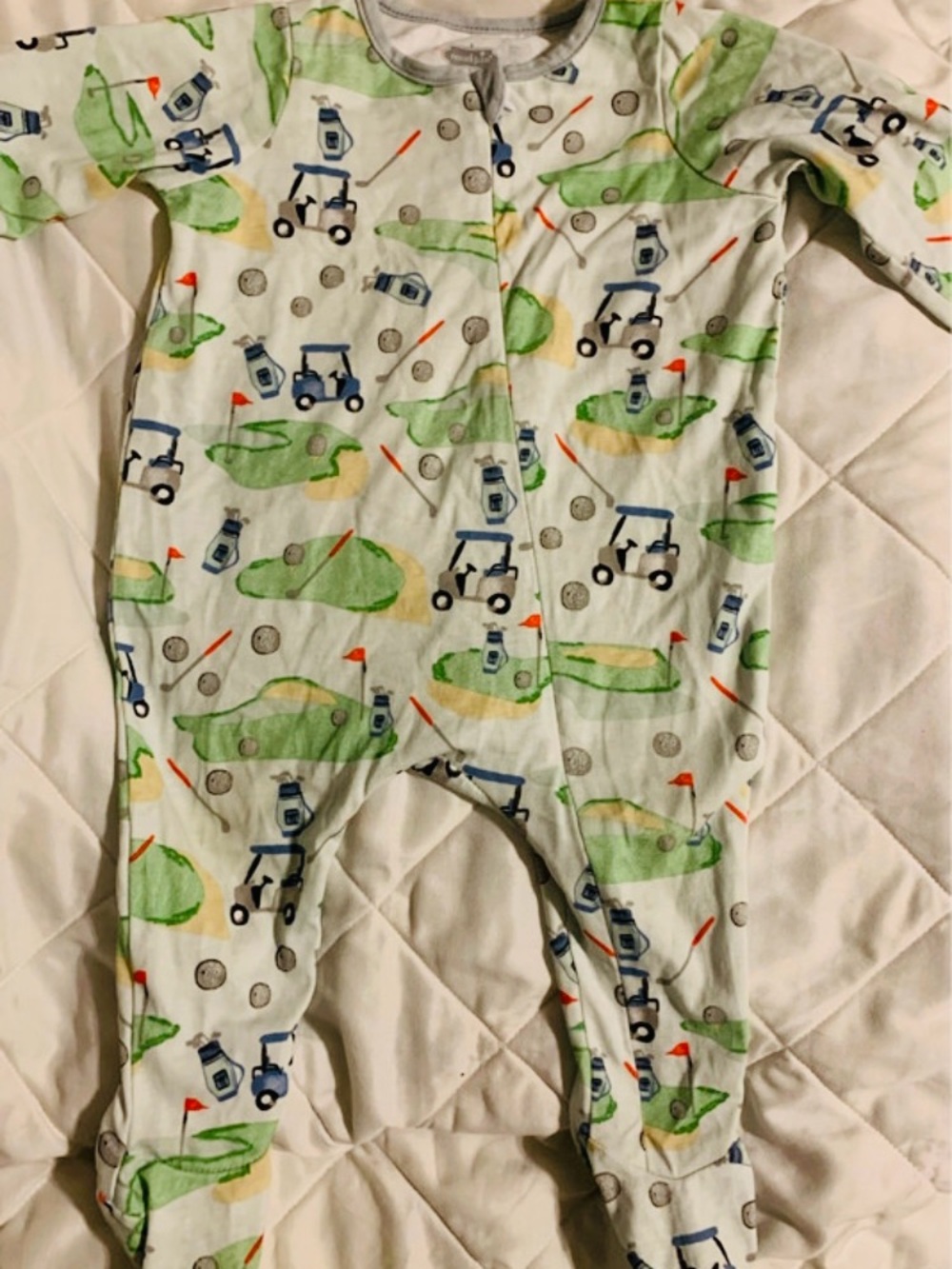 Mud Pie Blue and Green Golf Cart Print Footed One-Piece
